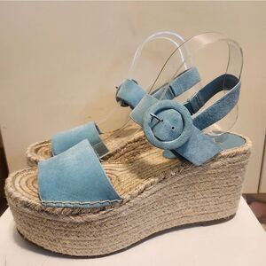 NEW Marc Fisher Ltd. Aqua Suede Thick Strap Raffia Platform Sandals Sz.8 Ret$135